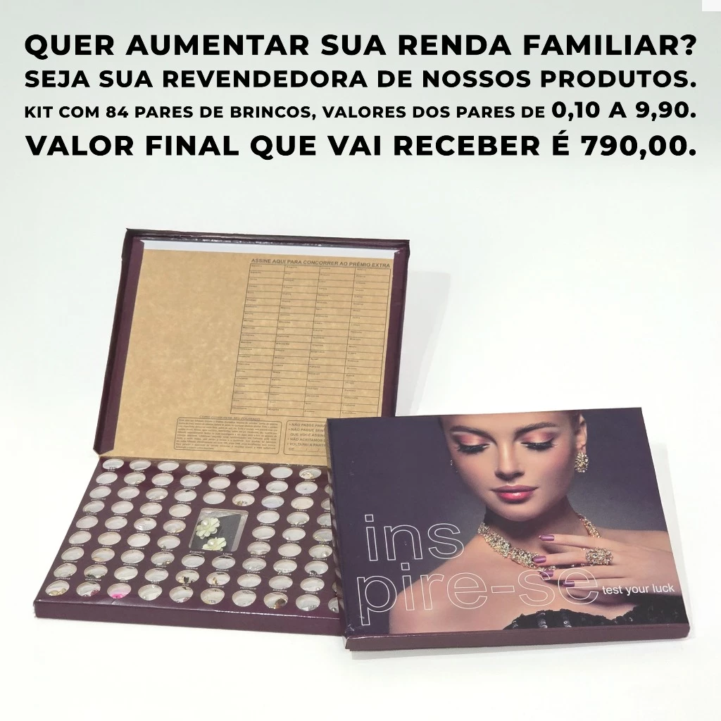 Kit com 84 Pares de Brincos Bijuterias + Raspadinha para Revenda - Lucro Alto Garantido Portifolio VFGestão