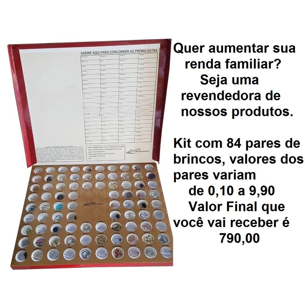 Kit com 84 Pares de Brincos Bijuterias + Raspadinha para Revenda - Lucro Alto Garantido Portifolio VFGestão