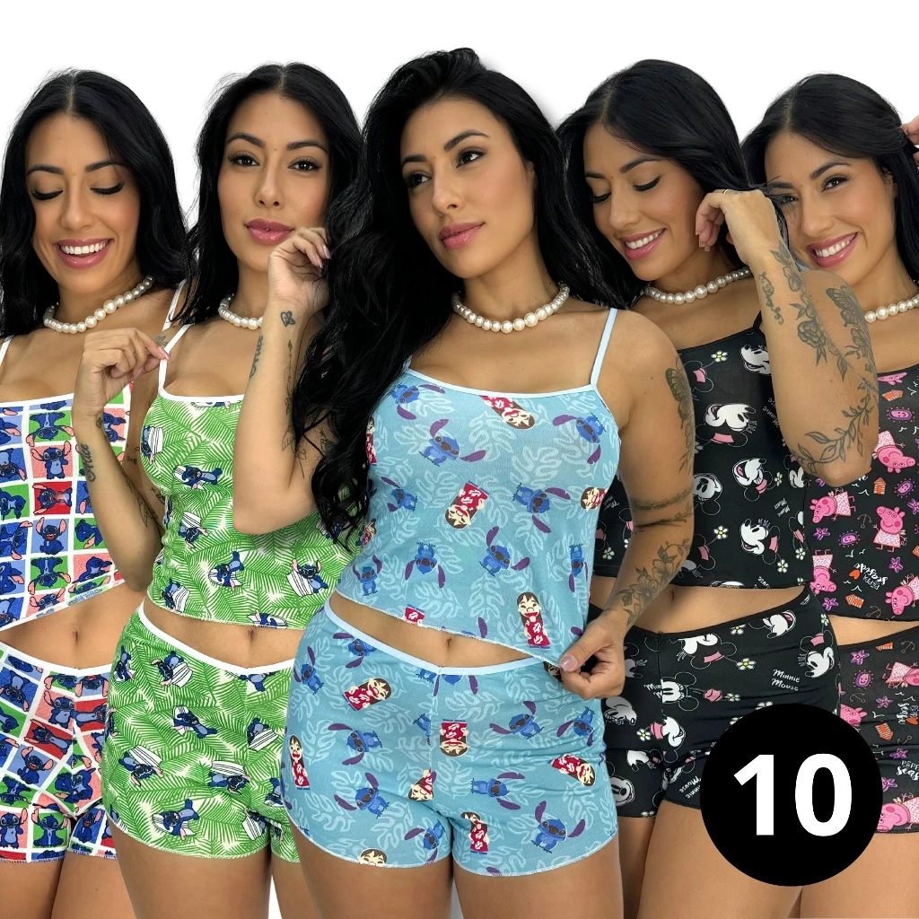 Kit de 10 a 30 Pijama short dool baby Micro Estampado Blusa Curta Short Curto Sapequinha VF Gestão Soluções em Negócios