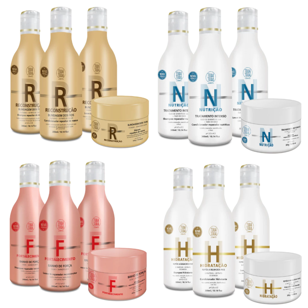 4 Kit – 16 Itens Capilar Todatoda Dona Linda: Shampoo, Condicionador, Máscara e Leave-in